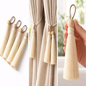 Threshold Cream Tassel Curtain Tieback with Natural Wood Beads